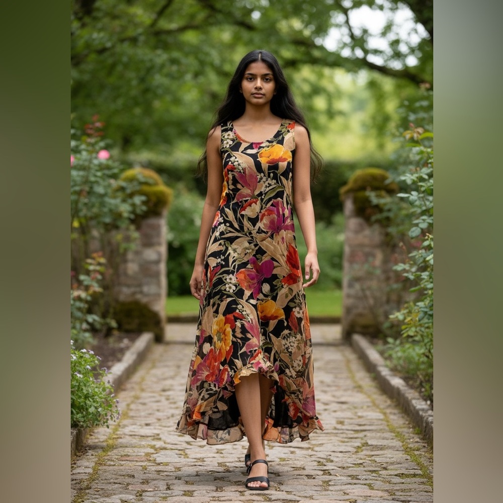 Y2K Chiffon Maxi Dress Women’s SZ SM Asymmetrical Hem Dark Romantic Floral Fairy - Picture 4 of 10